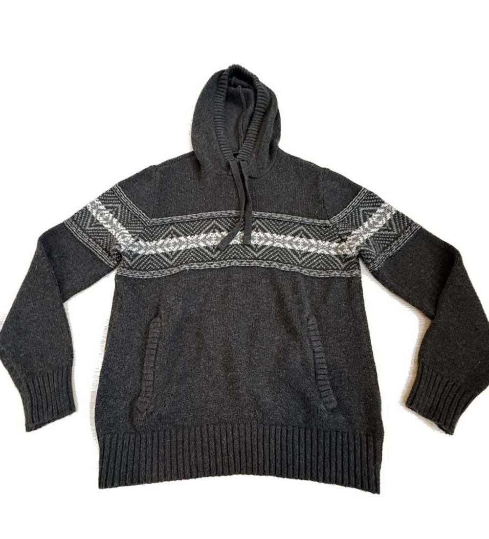 American Eagle Men's Gray Fair Isle Knit Pullover Hoodie Sweater - Size M
